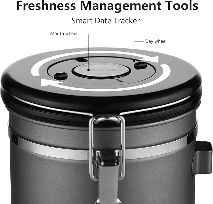 Bincoo Premium Grey Coffee Canister, 1500ml/18oz Large Airtight Stainless Steel Coffee Bean Storage Container with Date Tracker & Scoop (1500ML-Grey)