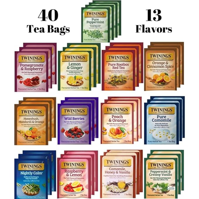 Twinings Herbal Tea Variety Pack - 40 Individually Wrapped Herbal Tea Bags Variety Pack Sampler, 13 Flavors, Caffeine Free (1 Count (Pack of 40))