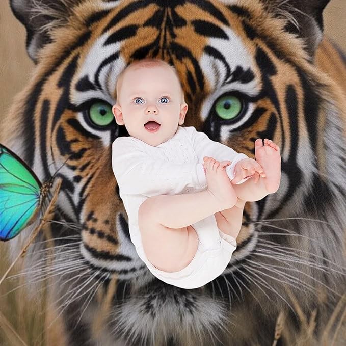 Beautiful Tiger Nature Grass Super Soft Throw Blanket, Blue Butterfly Flannel Fleece Decorative Throw for Sofa Couch Bedroom Decor Outdoor Use 30"x40"