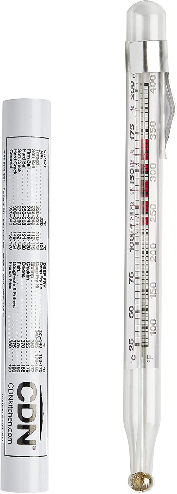 CDN Candy & Deep Fry Thermometer | 8" Durable Lab Glass | Non-Mercuric, Dual-Scale | 75–400°F Range | For Candy Stages, Deep Frying, Oil, Jelly, Sugar | Pot Clip Mount | TCF400