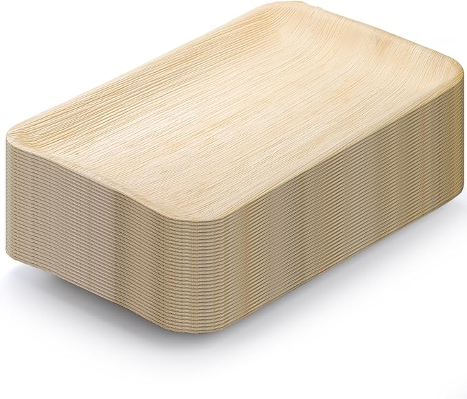 Dicunoy 20 PCS Palm Serving Plates, 14" x 9" Disposable Charcuterie Boards, Rectangle Bamboo Wood Like Platters Trays, Heavy Duty Party Plates for Dinner, Weddings, BBQ, Catering, Events