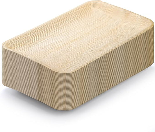 Dicunoy 20 PCS Palm Serving Plates, 14" x 9" Disposable Charcuterie Boards, Rectangle Bamboo Wood Like Platters Trays, Heavy Duty Party Plates for Dinner, Weddings, BBQ, Catering, Events