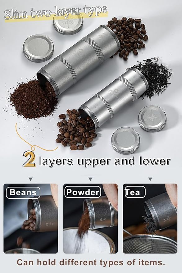 CAMPINGMOON 2-Layer Portable Coffee Bean Storage Canister Airtight Duralumin Coffee Travel Container Camping Lightweight Slim Mini Tea Caddy CNC Machined Metal Spice Jar Silver M 27g 54g CC-51-H