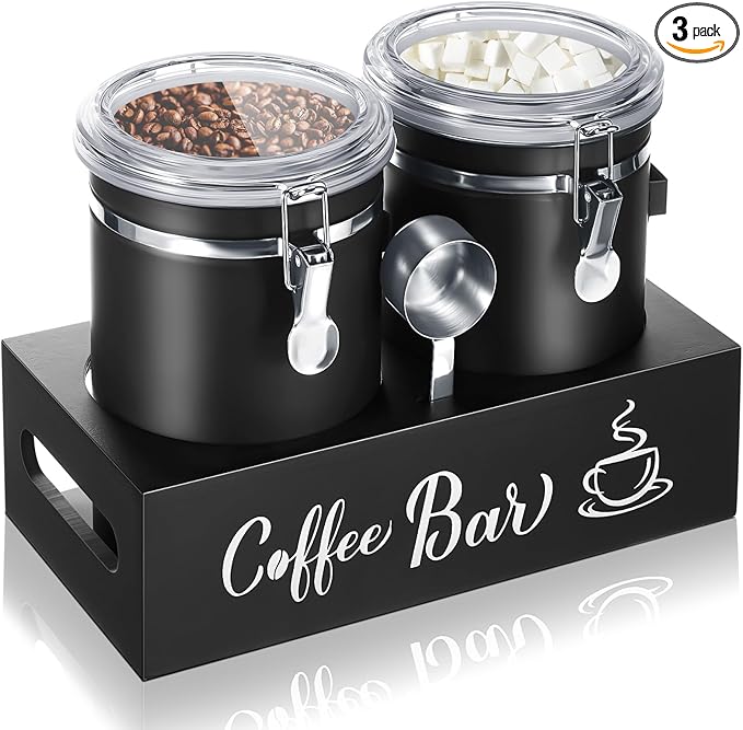 Maxcheck 2 Pcs 66 oz Coffee Sugar Canisters with Shelf & Scoop, Easter Gifts Airtight Stainless Steel Container with Lids, Home Kitchen Food Storage Jars for Grounds, Beans, Tea, Cereal(Black)