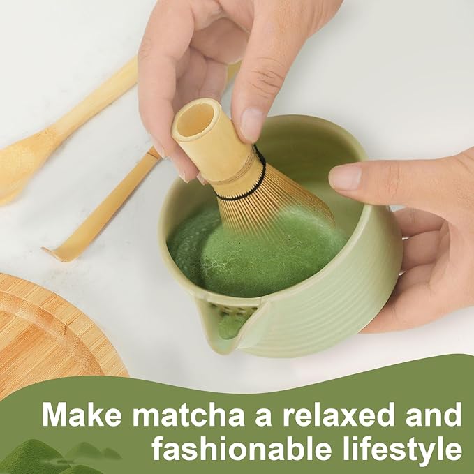4Pcs Matcha Whisk Set, Matcha Set, Matcha Whisk and Bowl, Matcha Whisk Holder, Japanese Matcha Tea Set, Ceramic Matcha Bowl with Pouring Spout for Tea Lovers Matcha