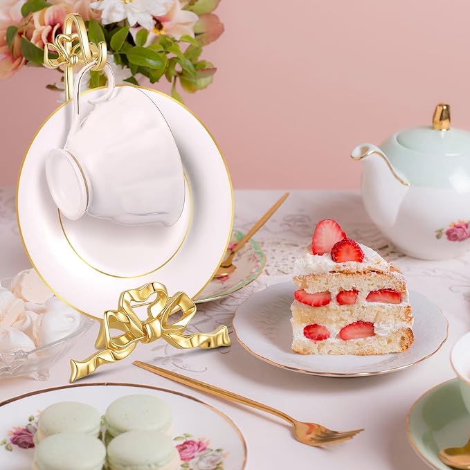 Brass Tea Cup and Saucer Display Stand Vintage Bow Teacup Holders Plate Stand Mug Hooks Classic Durability Countertop Storage for Cabinet Kitchen Counter Bar (4.92 x 9.25 x 2.56 Inches)