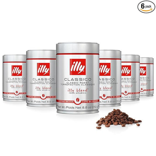 illy Whole Bean Coffee, Classico Medium Roast, 100% Arabica, Premium Italian Coffee, Ideal for Espresso, Drip, Moka and French Press Brewing, 8.8oz, 6 Pack