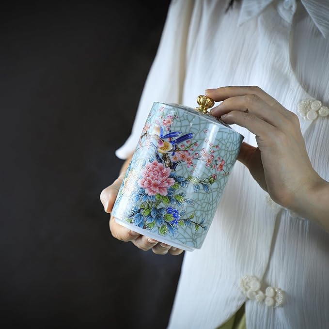 Enamel Ceramic Tea Caddy Tea Canister Tea Storage Container Tins Jar with Airtight Lid Water-proof Tank for Tea, Coffee, Herb, Sugar, Spice, Nuts