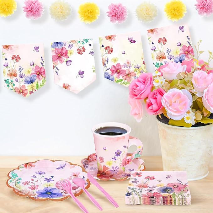 176 Pcs Tea Party Supplies Include Floral Paper Tea Cups and Saucers Disposable Blossom Theme Paper Plates and Napkins Flower Banners for Baby Shower Birthday Bridal Wedding Spring Party