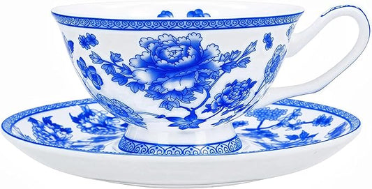 Tea cup and Saucer Set Royal Garden Style Tea Coffee Cup with Saucer 7 Ounces Bone China Teacup and saucer Set (Blue and White)