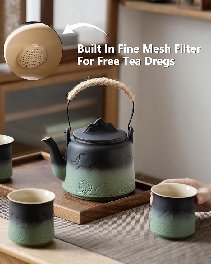 ZENS Vintage Japanese Tea Set with 4 Tea Cups, 33.8 oz Embossed Ceramic Loose Leaf Teapot with Built-in Strainers for Tea Steeper, Hemp Rope Handle Gradient Japanese Tea Pot for Tea Lovers Gifts