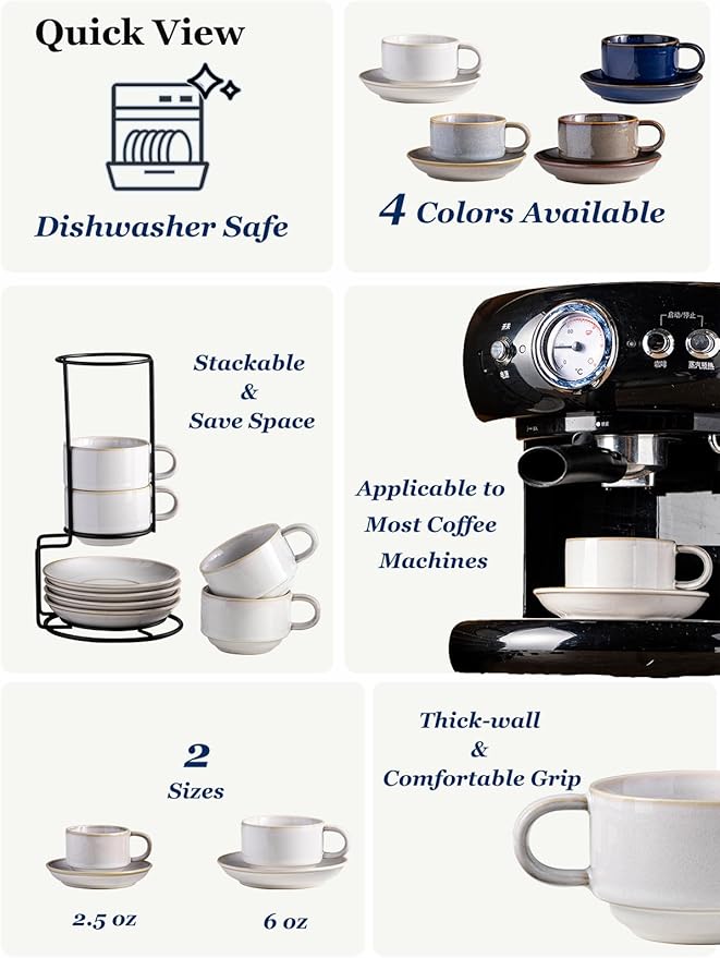 Gomakren 6 Ounce Cappuccino Cups with Saucers and Metal Stand, Stackable Coffee Cup Set of 4, Valentine Porcelain Espresso Cups for Coffee Drinks, Cappuccino, Latte, Americano, Tea, White
