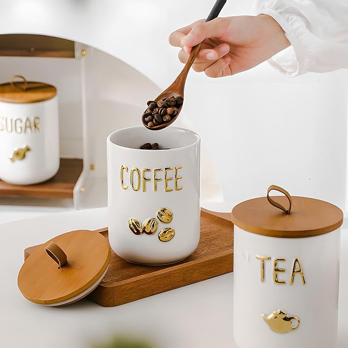 YYW Kitchen Canisters for Countertop, White Airtight Ceramic Canister with Seal Wooden Lid Storage Container for Coffee Bean Ground Coffee Sugar and Tea (White(coffee))