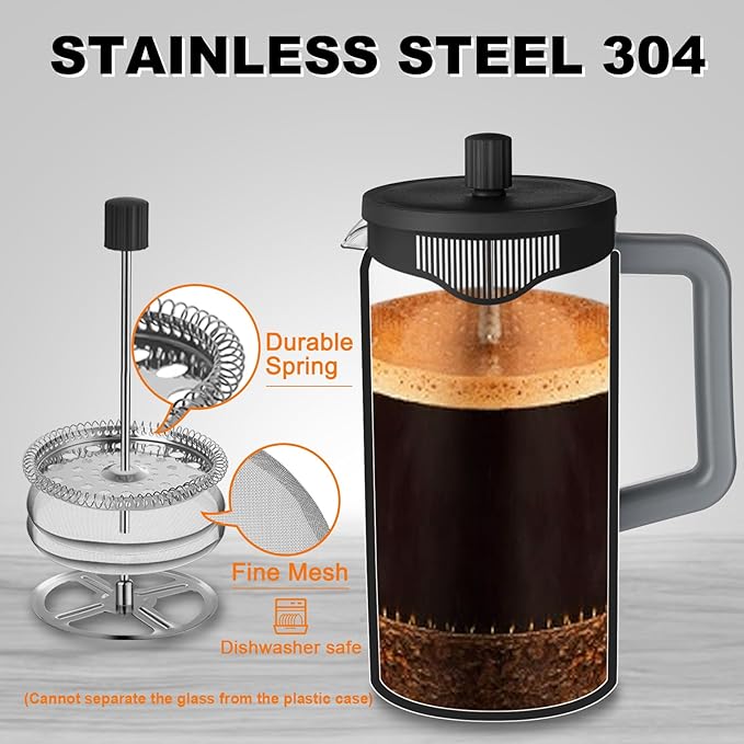 YOLIFE French Press Coffee Maker, 34 oz / 4 Cup Coffee Tea Press with Heat-resistant Borosilicate Glass, 4-Level Filtration Systems, Cold Brew Coffee Maker for Camping Travel Gifts, Grey and Black