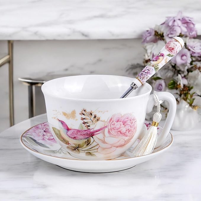 STP GOODS Bone China Tea/Coffee Cup and Saucer in Gift Box Fine Set of One (Birds in Rose Garden)