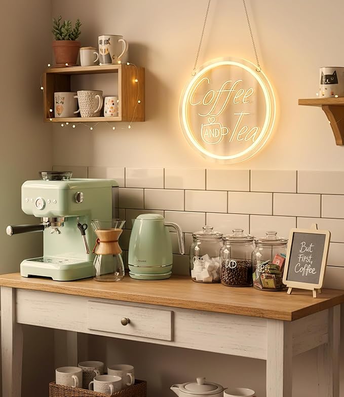 Coffee and Tea Neon Light Sign for Station Bar, Coffee & Tea Light Up Sign for Wall Decor Dimmable, Round 3D Carved Cafe LED Neon Sign for Kitchen, Shop, Home, Club Counter for Gift
