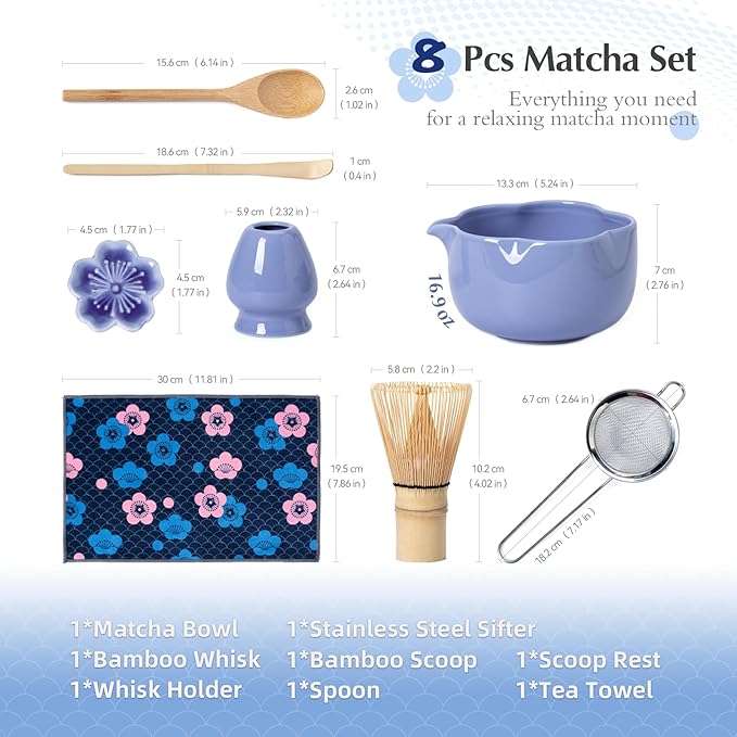 Matcha Set, 8Pcs Floral Ceramic Matcha Kit with Matcha Whisk, Holder, Scoop, Scoop Rest, Sifter, Spoon and Tea Towel - Thoughtful Matcha Whisk Set Gift for Matcha Lovers (Blue)