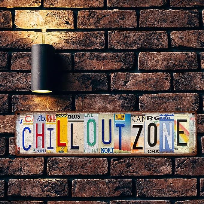 Vintage License Plate CHILL OUT ZONE Sign – 16x4 Inch Rustic Tin Wall Décor for Lounge, Patio, Dorm, Game Room, Bar or Relaxation Area - Image 5