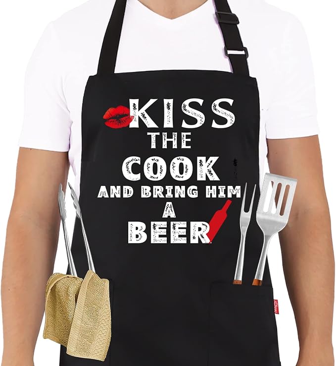 Grilling Apron - KISS THE COOK AND BRING HIM A BEER - Funny BBQ Aprons for Men Women Chef, Adjustable Kitchen Bib Apron with 2 Pockets and 40" Long Ties, Perfect for Cooking, Baking - Black by ALIPOBO