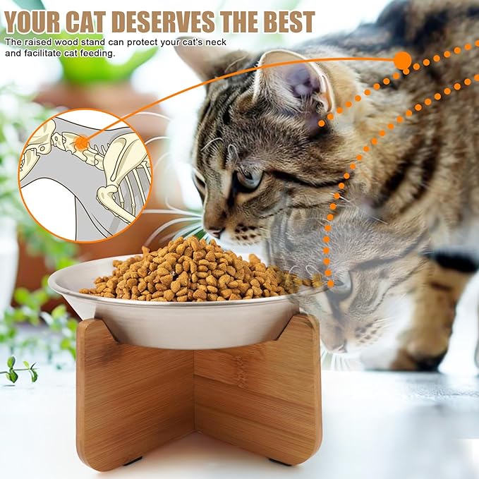 Elevated Cat Bowl with Bamboo Stand, 6.8" Extra Wide Shallow Raised Stainless Steel Cat Bowls Whisker Friendly