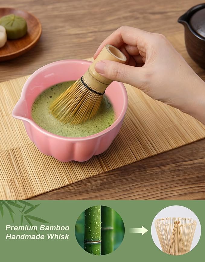 Matcha Whisk Set, 7 Pcs, Matcha Kit Includes Matcha Bowl, Matcha Whisk and Holder, Bamboo Scoop, Spoon, Sifter and Tea Towel, Matcha Set, Gift for Matcha Lovers & Beginners (Pink)