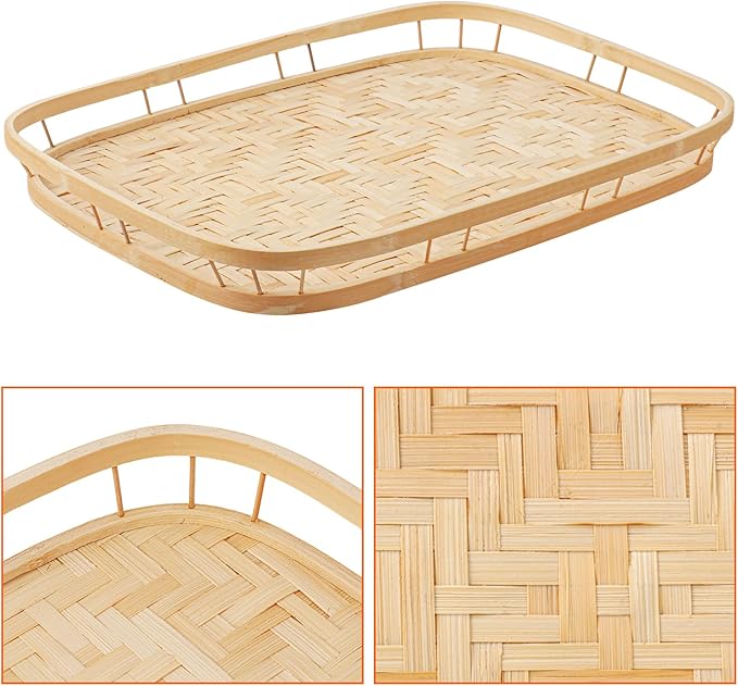 4 Pack Rectangular Bamboo Wicker Woven Tray with Handle, Bamboo Wicker Serving Trays for Eating, Kitchen, Table, Party
