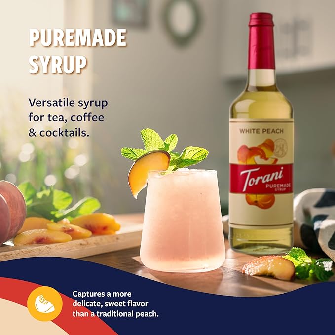 Torani Puremade Syrup, White Peach Flavoring for Drinks, Glass Bottle with Pump Included, 25.4 Fl Oz