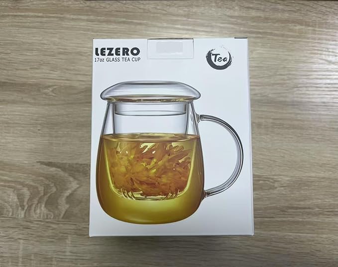 Lezero Glass Tea Cup with Strainer and Lid Gift Kit, Borosilicate Infuser Mugs with Filter for Blooming & Loose Leaf Tea, Heat Resistance, Lead-free, Microwave & Dishwasher Safe, 17oz