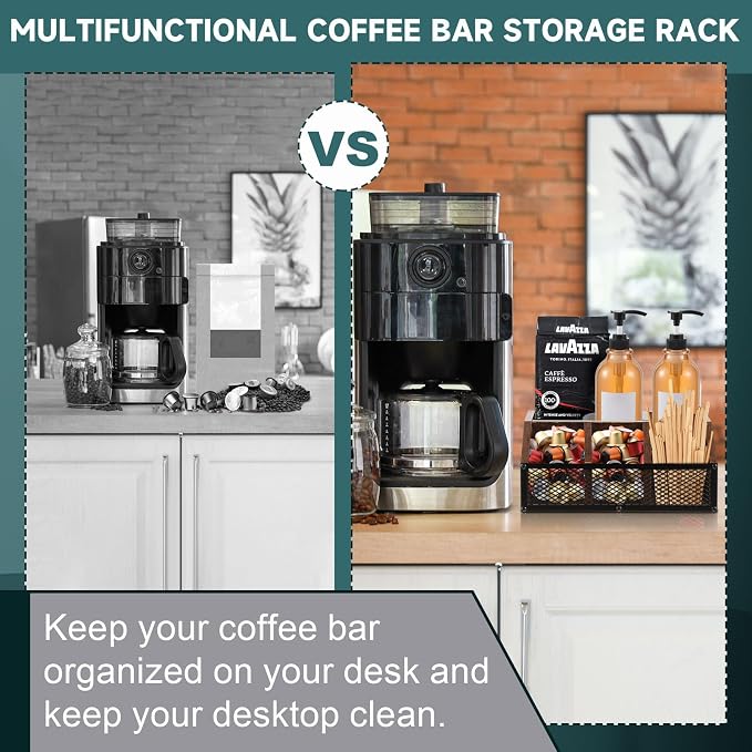 Yalikop Coffee Station Organizer for Countertop, All in One No Assembly Wood Coffee Creamer Bar Holder with Iron Mesh, Office Tea Bar Accessories Gift for New Home Birthday(Dark Brown,Classical) - Image 5