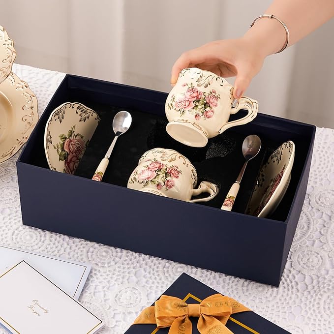 YOLIFE Tea Cups and Saucers Set of 2, Vintage Ceramic Tea Cups Set Floral and Gold Leaves Trim Design - 8 oz (Pink Rose with Gift Box(no stand))