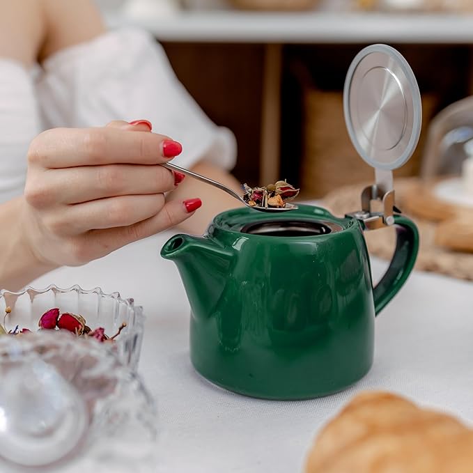 ORNA Ceramic Teapot with Tea Infuser – Small Tea Pot for Loose Leaf Tea – 550ml / 18.6 Oz Porcelain Teapot for 2 Cups with Tea Strainer (Forest Green)
