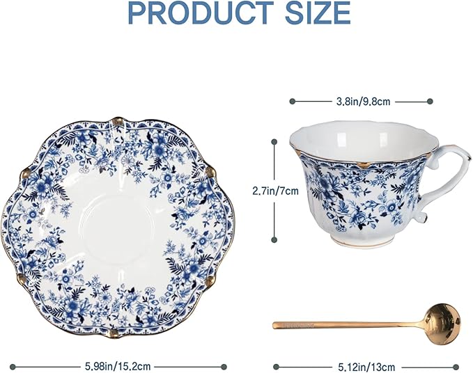 Vintage Floral Porcelain Tea Cup and Saucer Set with Spoon, Gold Trim, 6.4 oz – Set of 1, Blue – Tea & Espresso & Coffee Cups (1, China Flower)