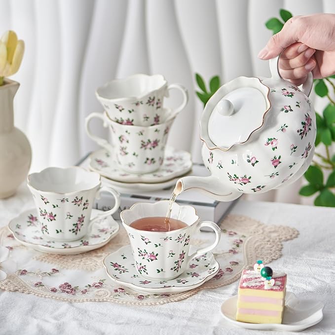 Floral Tea Cups and Saucers, 6oz Ceramic Teacup Set of 4, Elegant Scalloped Edge Coffee Cups for Latte, Cappuccino, Espresso, Rose Tea Cups for Tea Parties, Women Gifts for Mother's Day, Spring Decor