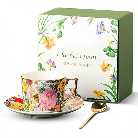 Exquisite Bone China Tea Cups and Saucer Set – Elegant Porcelain Tea Cups, Beautifully Detailed for Tea Lovers, Gift-Ready for Christmas, Hostess, Holiday Gift & Fall Decor
