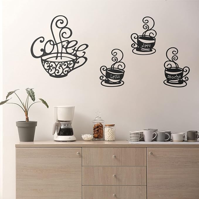 4 Pieces Metal Coffee Cup Wall Decor Coffee Bar Decor Cafe Themed Wall Art Decoration Vintage Cup Signs for Kitchen Decorations Shop Restaurant Lounge Decorations(Black)