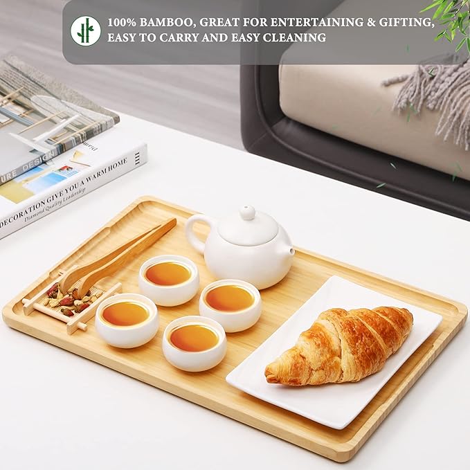 Bamboo Tray with Handles - Lightweight Serving Tray for Breakfast in Bed, Coffee Table, BBQ, Kitchen, Ottoman & Party - Perfect for Lap, Couch & Gifting - Large Size Wood Tea Tray - 15”x10”