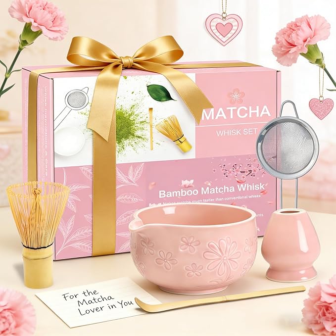 Matcha Whisk Set, Pink Ceramic Matcha Making Kit with Traditional Bamboo Whisk, Matcha Bowl, Scoop, Sifter and Stand, Authentic Japanese Style Matcha Set for Perfect Homemade Matcha Tea