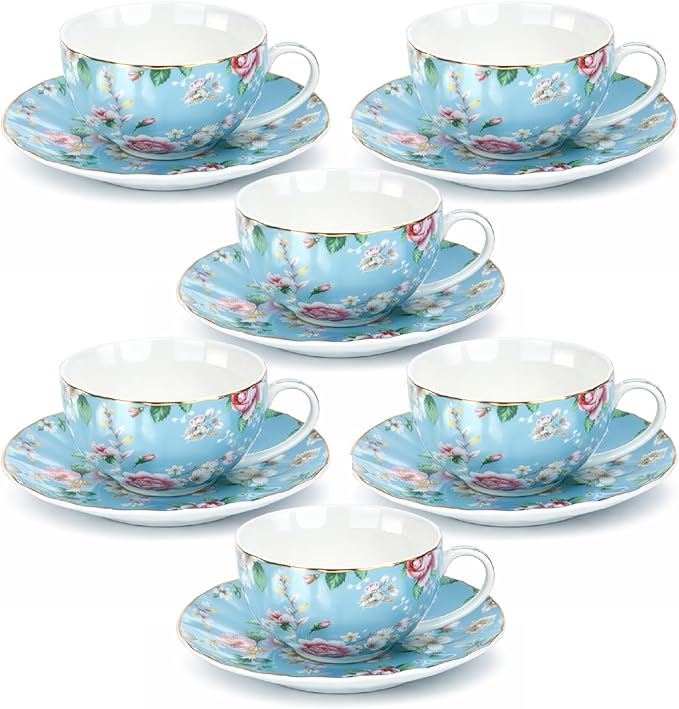BTaT- Floral Tea Cups and Saucers, Set of 6, 7 oz, Fine Porcelain Teacup Set with Gold Trim for Afternoon Tea, Weddings, Parties & Gifting, Dishwasher Safe and Freezer Safe