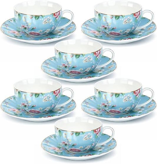 BTaT- Floral Tea Cups and Saucers, Set of 6, 7 oz, Fine Porcelain Teacup Set with Gold Trim for Afternoon Tea, Weddings, Parties & Gifting, Dishwasher Safe and Freezer Safe