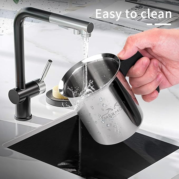 MERMOO YILAN Manual Milk Frother 14oz Stovetop Milk Foamer Non-electric Handheld Frother for Latte Art and Cappuccinos Perfect for Camping, Travel, Home (Silver)