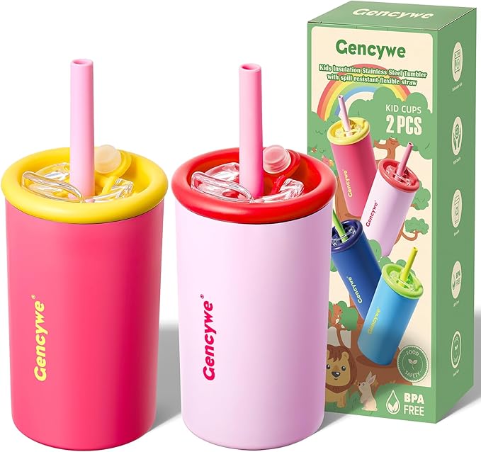 Kids Stainless Steel Cups with Straws and lids | 12 oz Spill-Proof Sippy Smoothie Tumbler Set, Small Kids Snack & Drink Water Cups, BPA-Free, Dishwasher Safe, with Box (Age: 3+ years old & up)