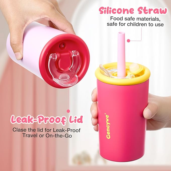 Kids Stainless Steel Cups with Straws and lids | 12 oz Spill-Proof Sippy Smoothie Tumbler Set, Small Kids Snack & Drink Water Cups, BPA-Free, Dishwasher Safe, with Box (Age: 3+ years old & up)