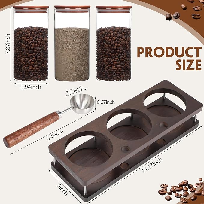 Suclain 3 Pcs Glass Coffee Bean Container 44 oz Airtight Coffee Canister with Shelf and Measuring Spoon Kitchen Food Canister Jar for Sugar Candy (Classic Style, Wood, Glass, Stainless Steel)
