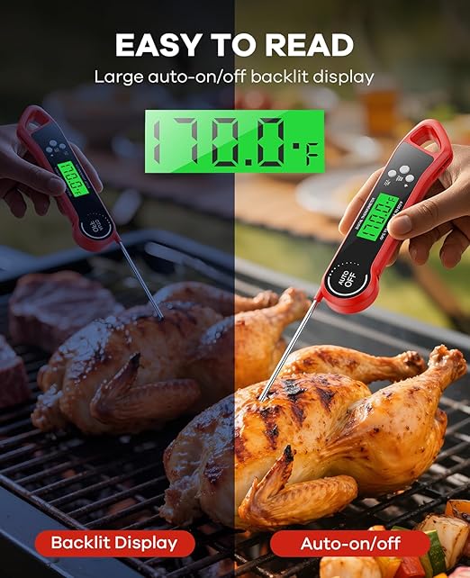 Meat Thermometer Digital, Instant Read Thermometer with Backlight, Calibration & Hold Function, Waterproof Food Thermometer for Kitchen and Outside, BBQ,Turkey, Candy, Liquids, Beef (red)