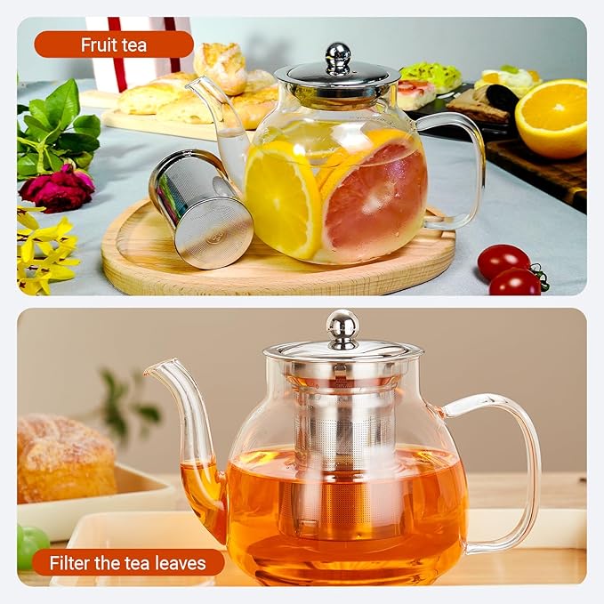 37oz/1100ml Glass Teapot with Removable Infuser, Stovetop & Microwave Safe Borosilicate Tea Kettle, Clear Flowering Tea Maker with 18/10 Stainless Steel Filter for Loose Leaf & Blooming Tea
