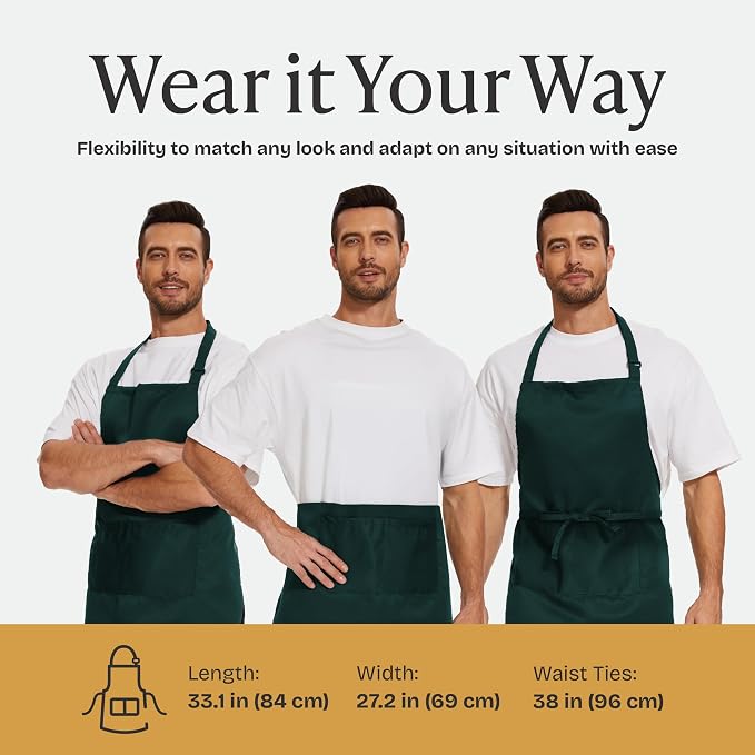 Will Well Kitchen 2 Pack Bib Apron For Men & Women with 2 Pockets - Green | Unisex 33'' x 27'' Oil & Water Resistant Soft Kitchen Chef Apron with Adjustable Neck Strap & 38'' Waist Ties for Snug Fit - Image 6