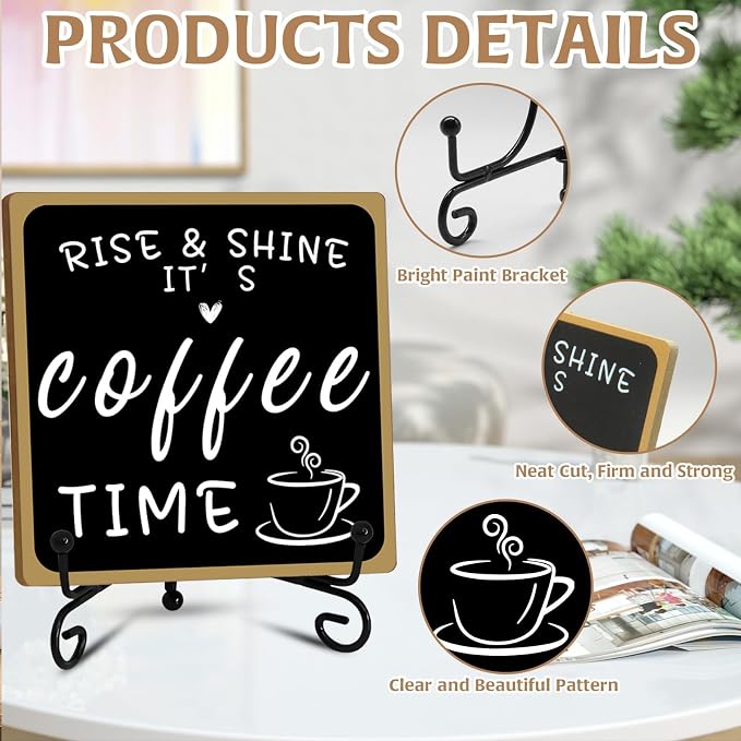2Pcs Coffee Bar Sign Decorations, Black and White Coffee Sign Decor with Iron Stand Wooden Coffee Bar Decor Tabletop Shelf Accessories, Coffee Decorations for Coffee Bar Coffee Station Home Farmhouse - Image 3