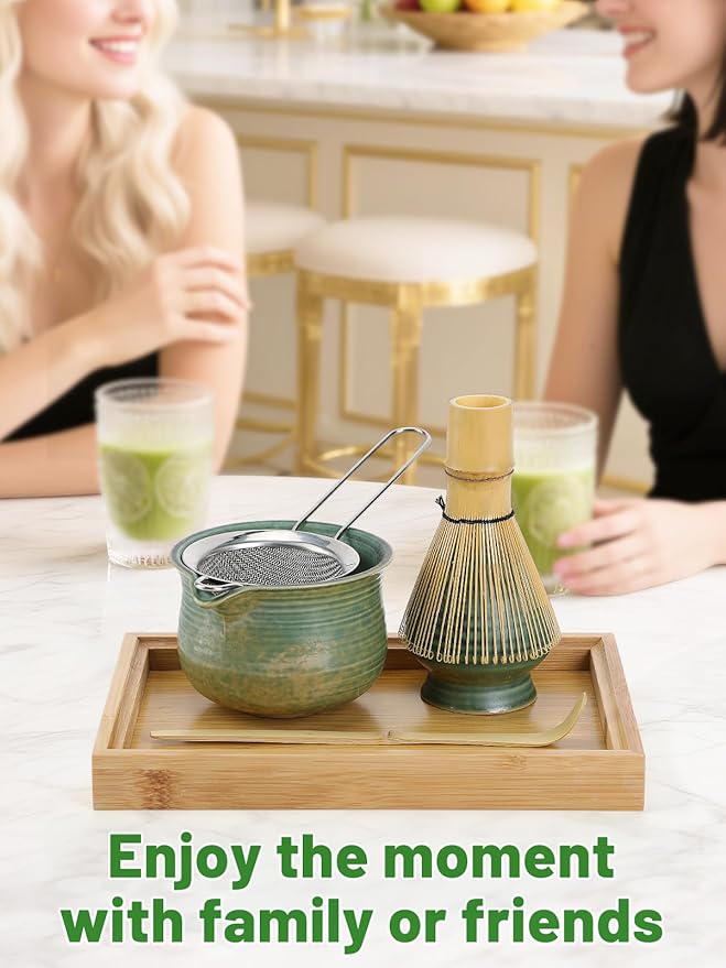 Matcha Whisk Set with Bamboo Tray - Bowl with Spout, Whisk and Holder, Bamboo Scoop, Sifter, Japanese Matcha Kit Tea Ceremony Gift for Women