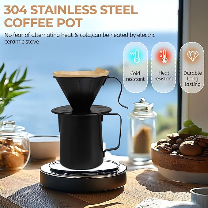 Pour Over Coffee Maker 350ml Milk Frothing Pitcher 304 Thickened Stainless Steel Drip Coffeemaker Set with 50pcs V60 Cone Paper Filters Hand Brew Dripper Carafe for Home Camping Travel 12oz
