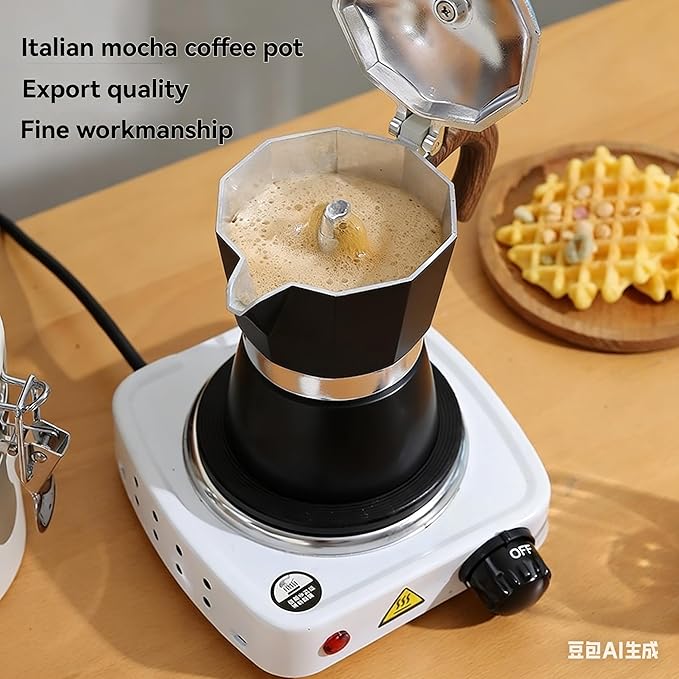 Kingdong Stovetop Moka Pot with Wooden Handle, 6-Cup Italian Style Coffee Maker, Black and Cream Aluminum Espresso Brewer (Black, 6 cup)